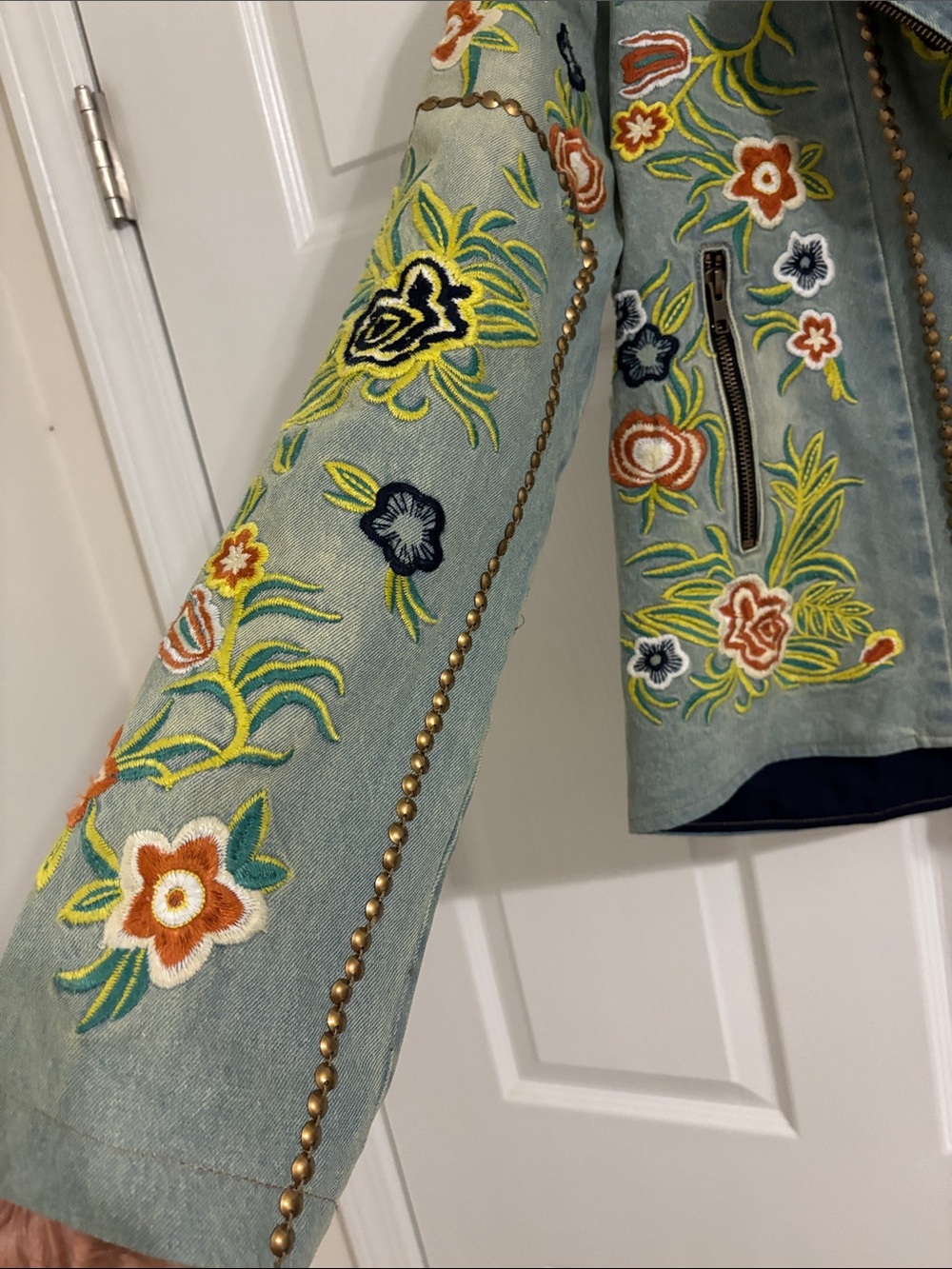 Embroidered Floral Light Blue Jean Jacket by Aratta - Picture 5 of 7